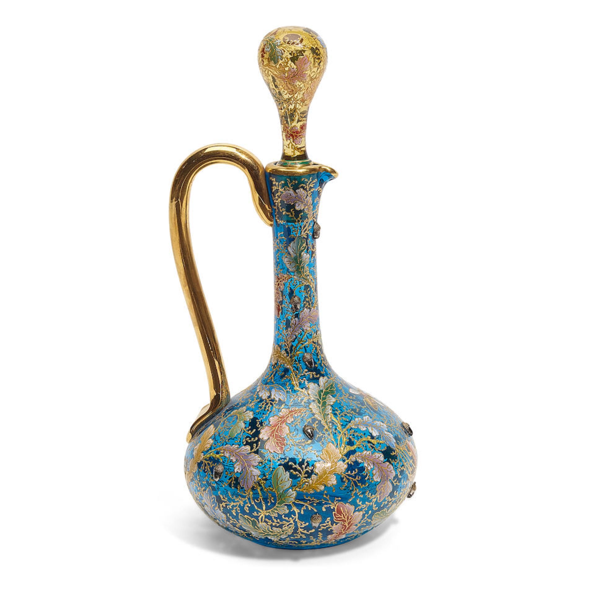A MOSER GILT AND ENAMELLED BLUE AND AMBER GLASS SMALL EWERLate 19th century