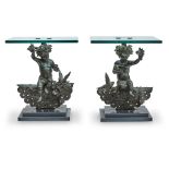 A PAIR OF GLASS TOP BRONZE FIGURAL TABLES