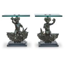 A PAIR OF GLASS TOP BRONZE FIGURAL TABLES