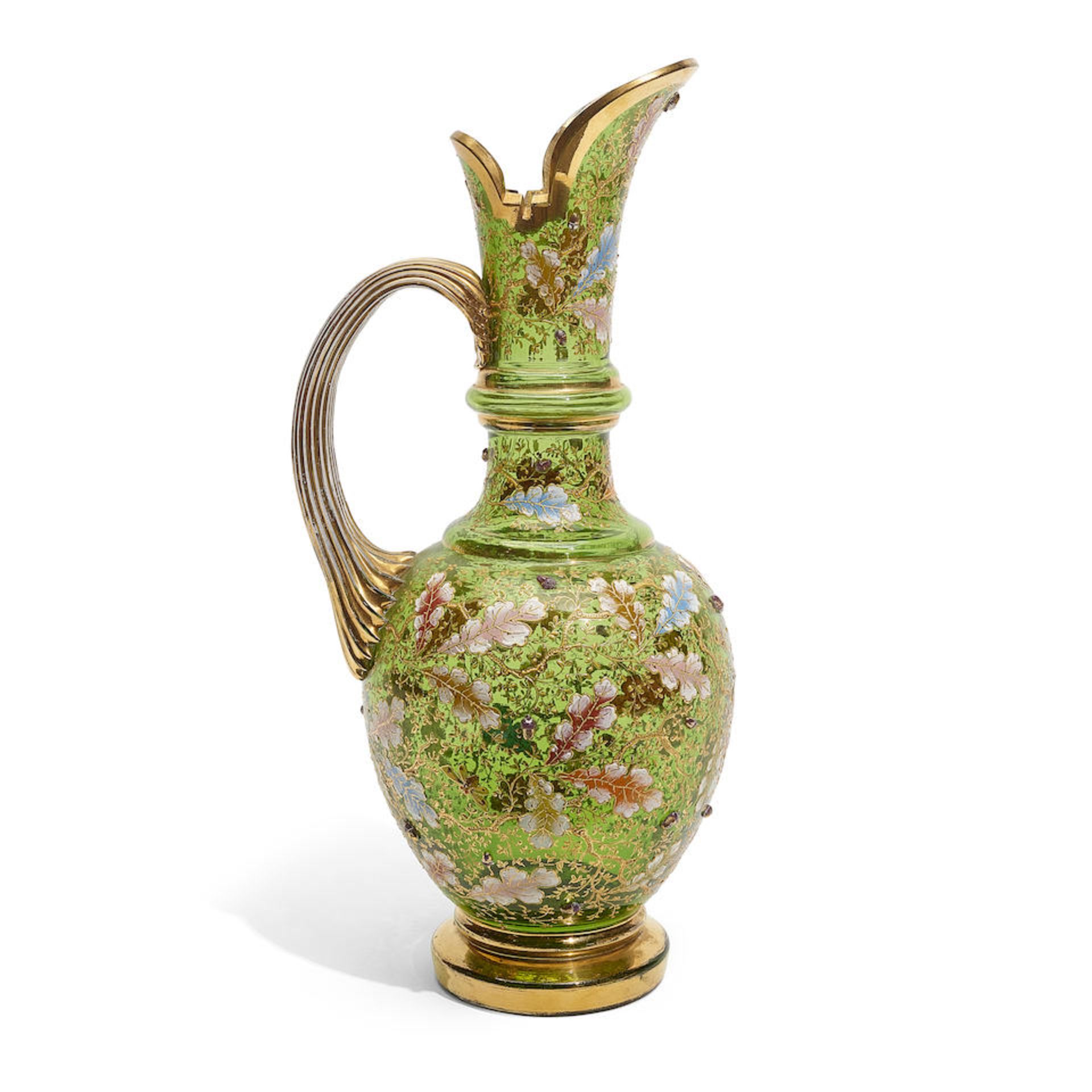 A MOSER GILT AND ENAMELLED GREEN GLASS EWEREarly 20th century
