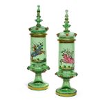 A PAIR OF MOSER ENAMELLED GREEN GLASS LIDDED POKLASLate 19th century