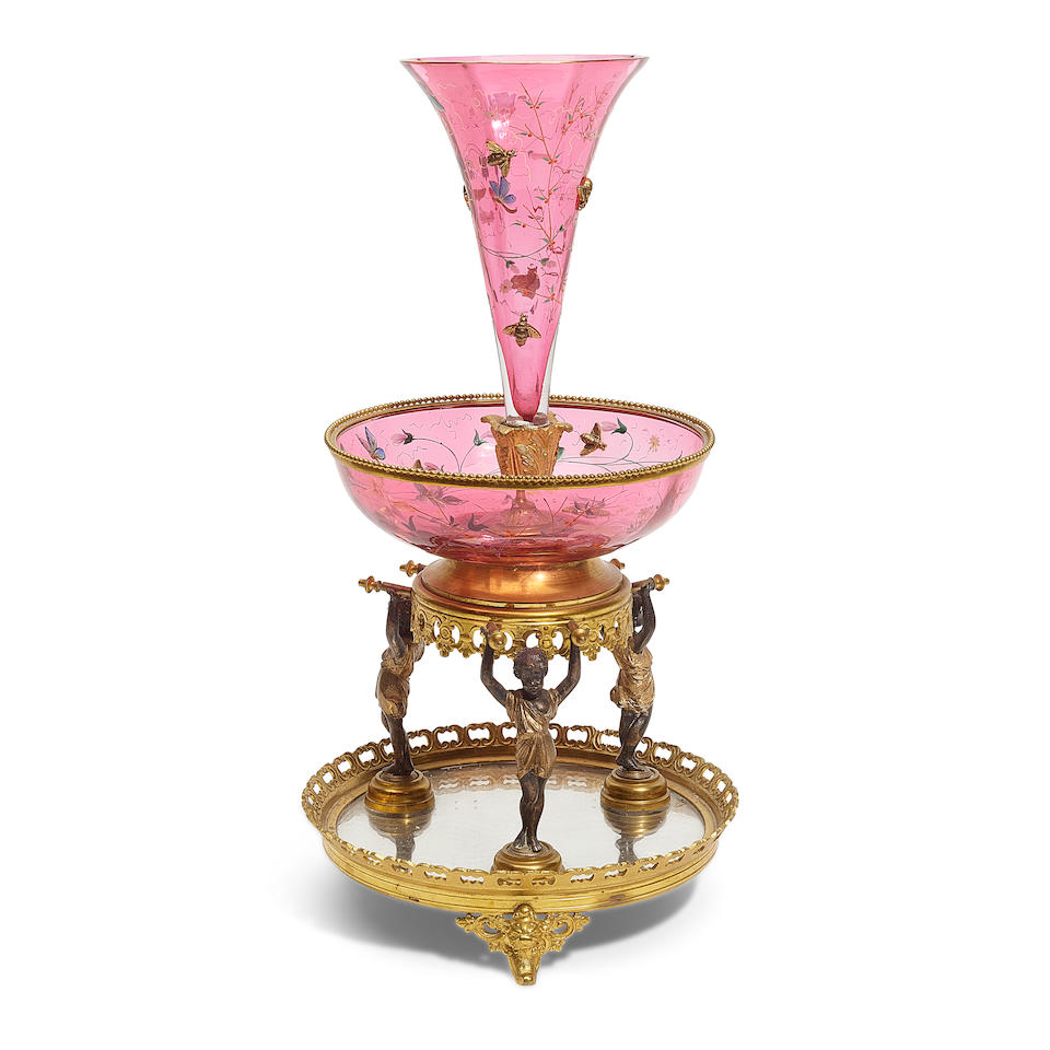 A MOSER GILT AND PATINATED METAL, GLASS, GILT AND ENAMELLED PINK GLASS EPERGNE1898-1915