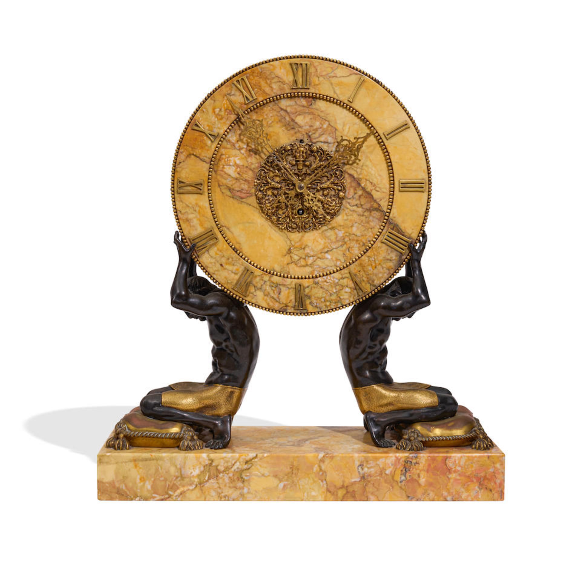AN AMERICAN GILT AND PATINATED BRONZE AND SIENNA MARBLE FIGURAL MANTEL CLOCKEarly 20th century