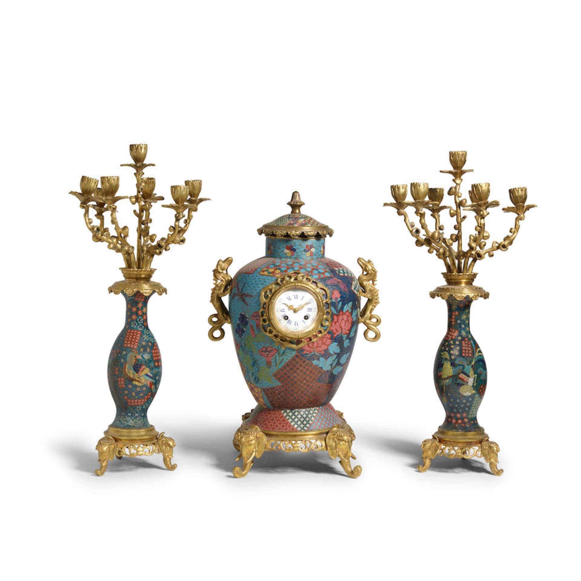 A FRENCH CLOISONNÉ AND GILT BRONZE THREE-PIECE CLOCK GARNITURELate 19th century