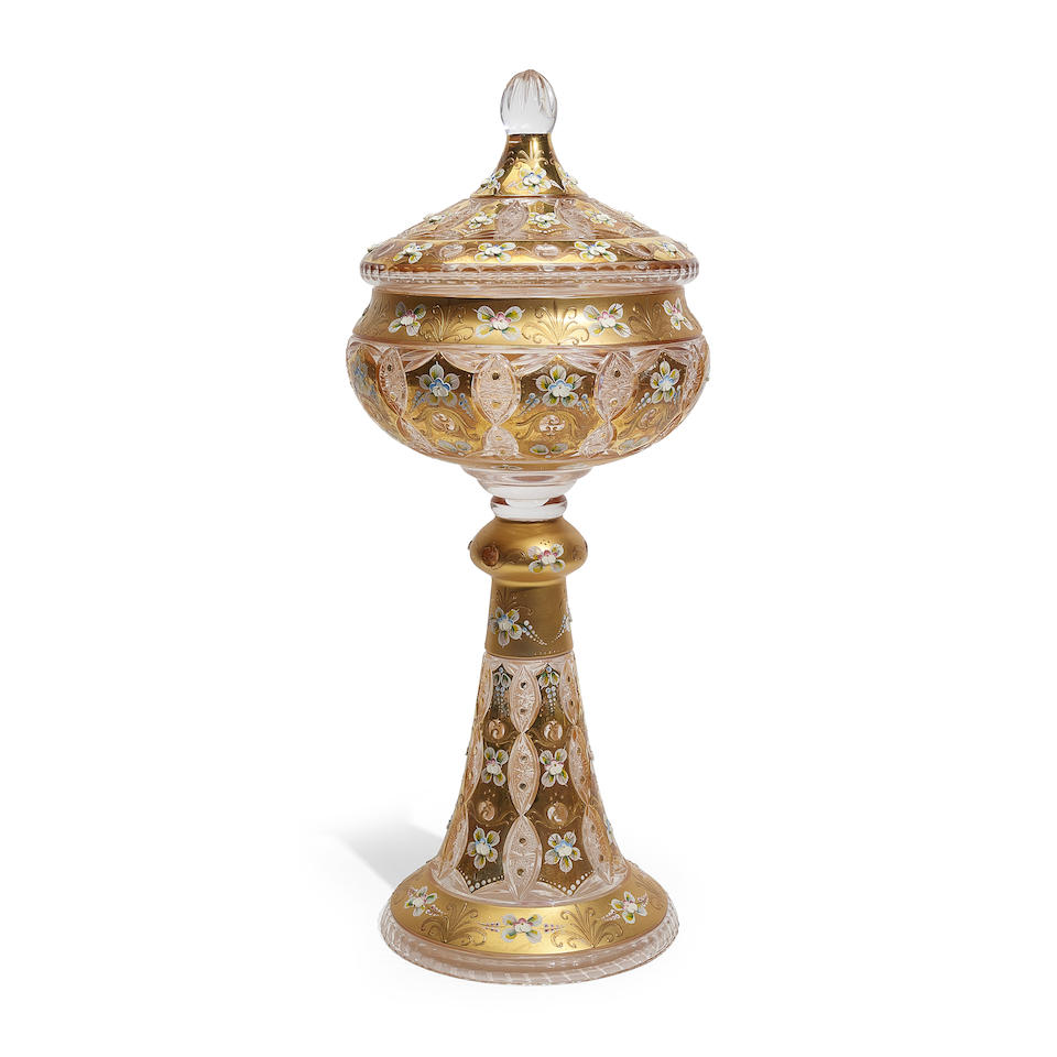 A BOHEMIAN GILT AND ENAMEL DECORATED COLORLESS GLASS COVERED CENTERPIECEEarly 20th century