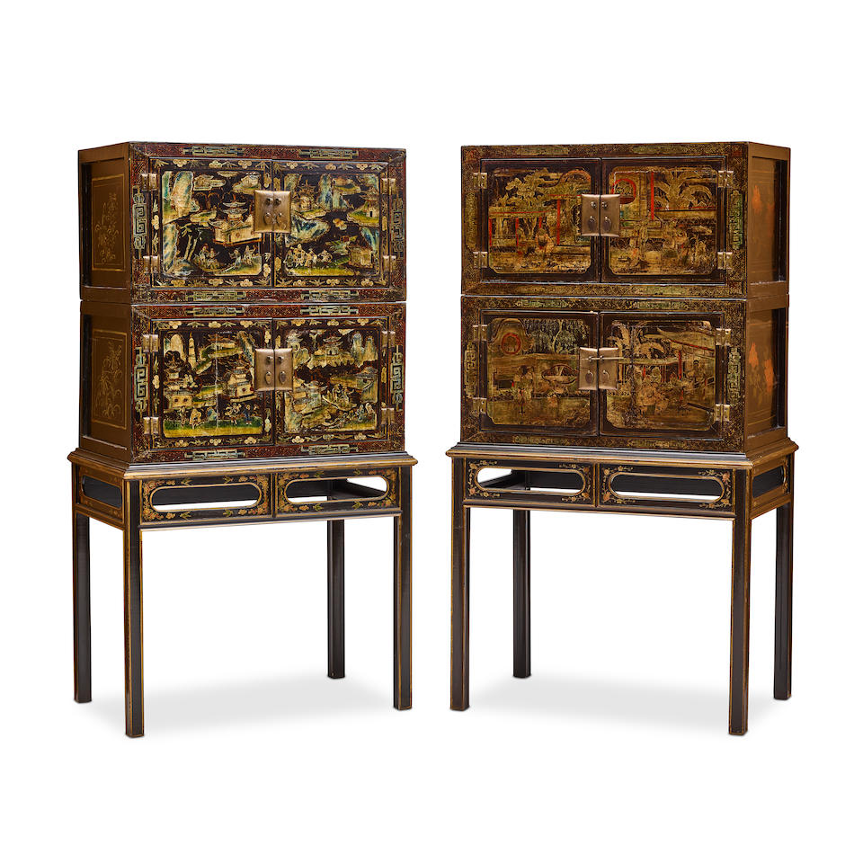 A PAIR OF CHINESE EXPORT PAINTED AND LACQUERED CABINETS ON STANDS19th century