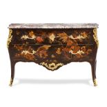 A LOUIS XV CHINOISERIE STYLE MARBLE TOP GILT BRONZE MOUNTED LACQUERED COMMODE