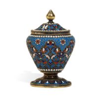 A RUSSIAN ENAMEL AND 84 SILVER-GILT SMALL COVERED JAR probably by Nikolay Alekseyev, with assay ...