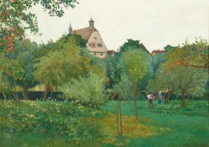 Hans Prentzel (German, 1880-1956) An orchard at Rothenberg on the Tauber 19 x 26 1/4in (48.5 x 6...