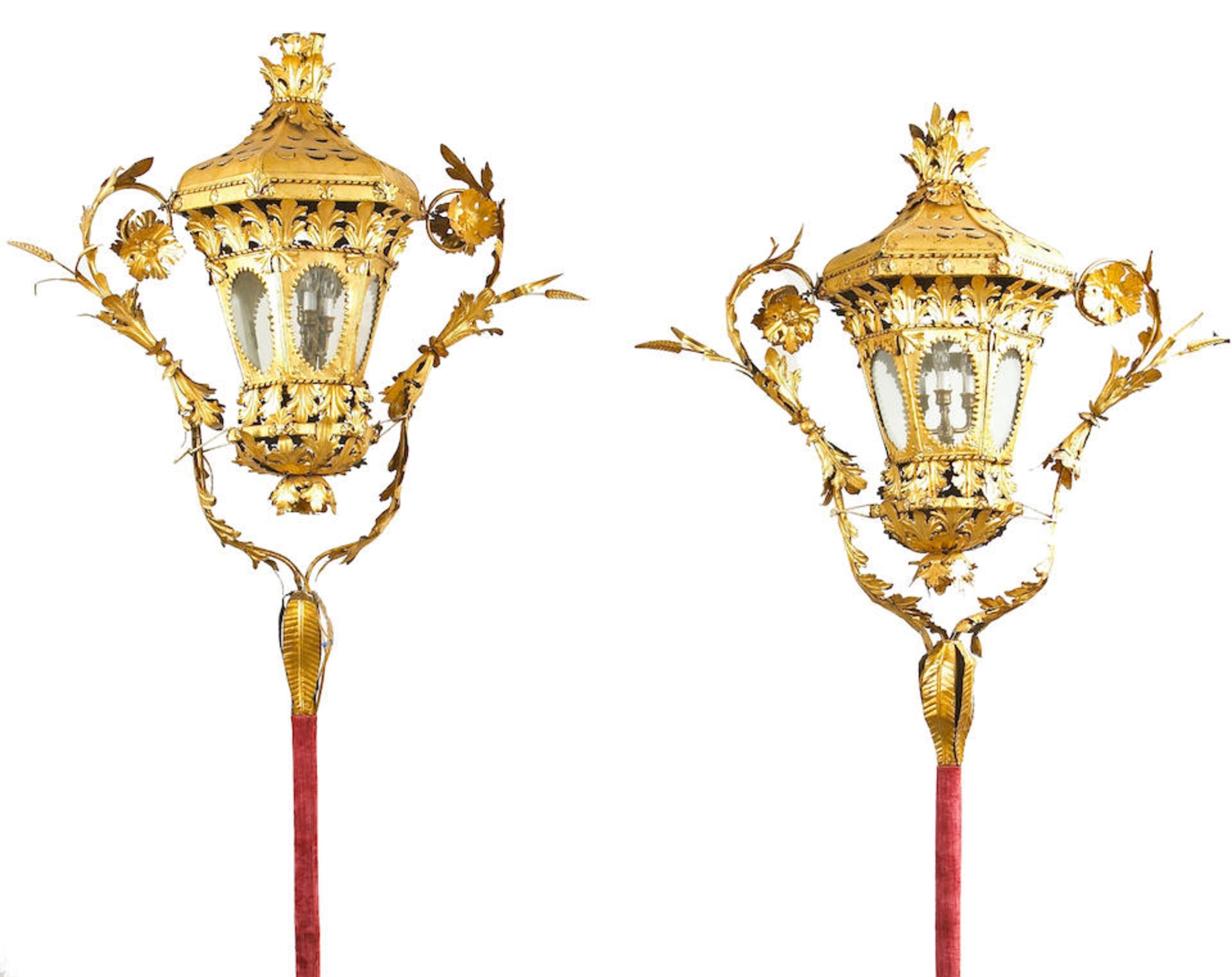 A PAIR OF VENETIAN ROCOCO PARTIAL GILT IRON, TÔLE, AND CUT-GLASS TORCHÈRES Mid-18th ce...