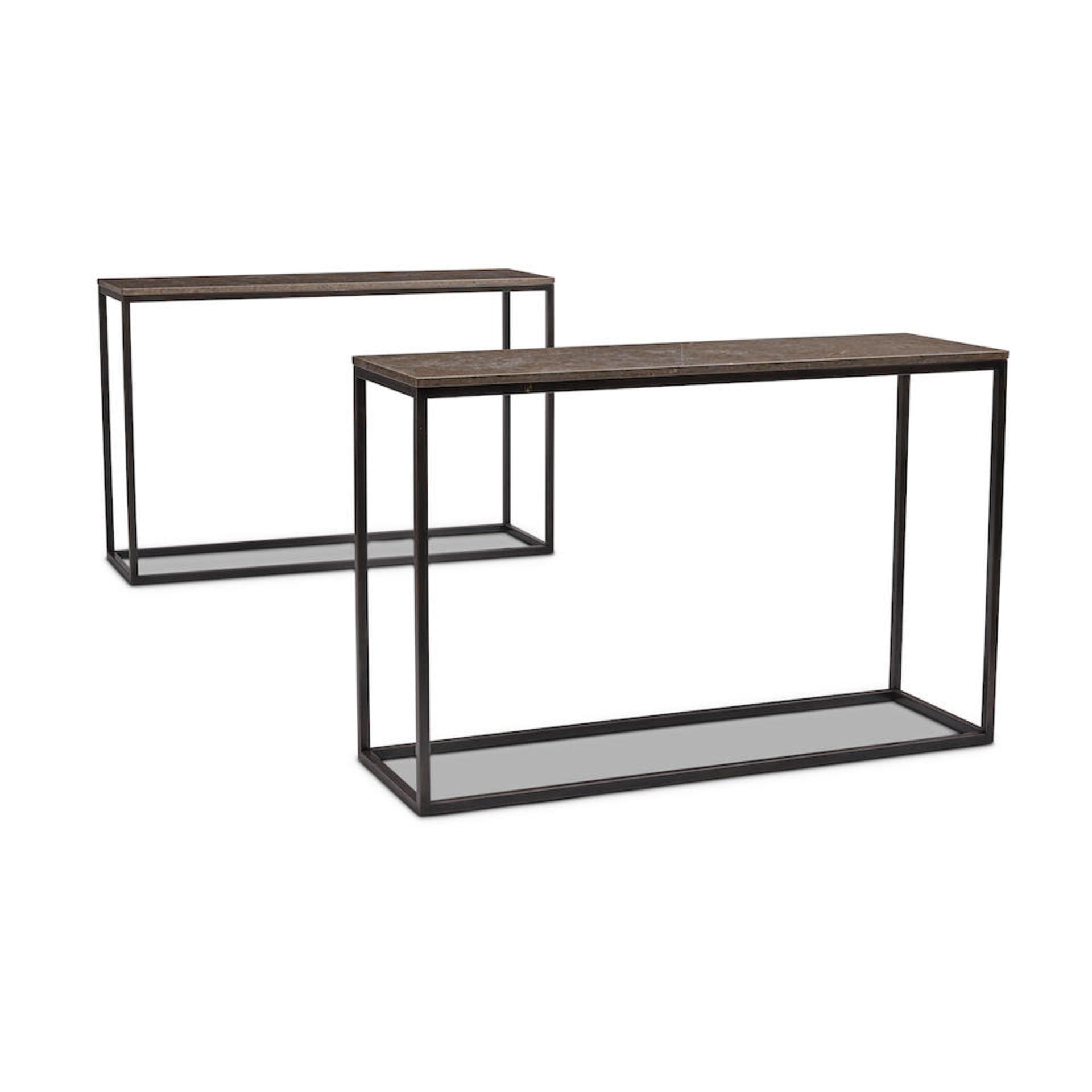 A PAIR OF STONE TOP METAL CONSOLE TABLES