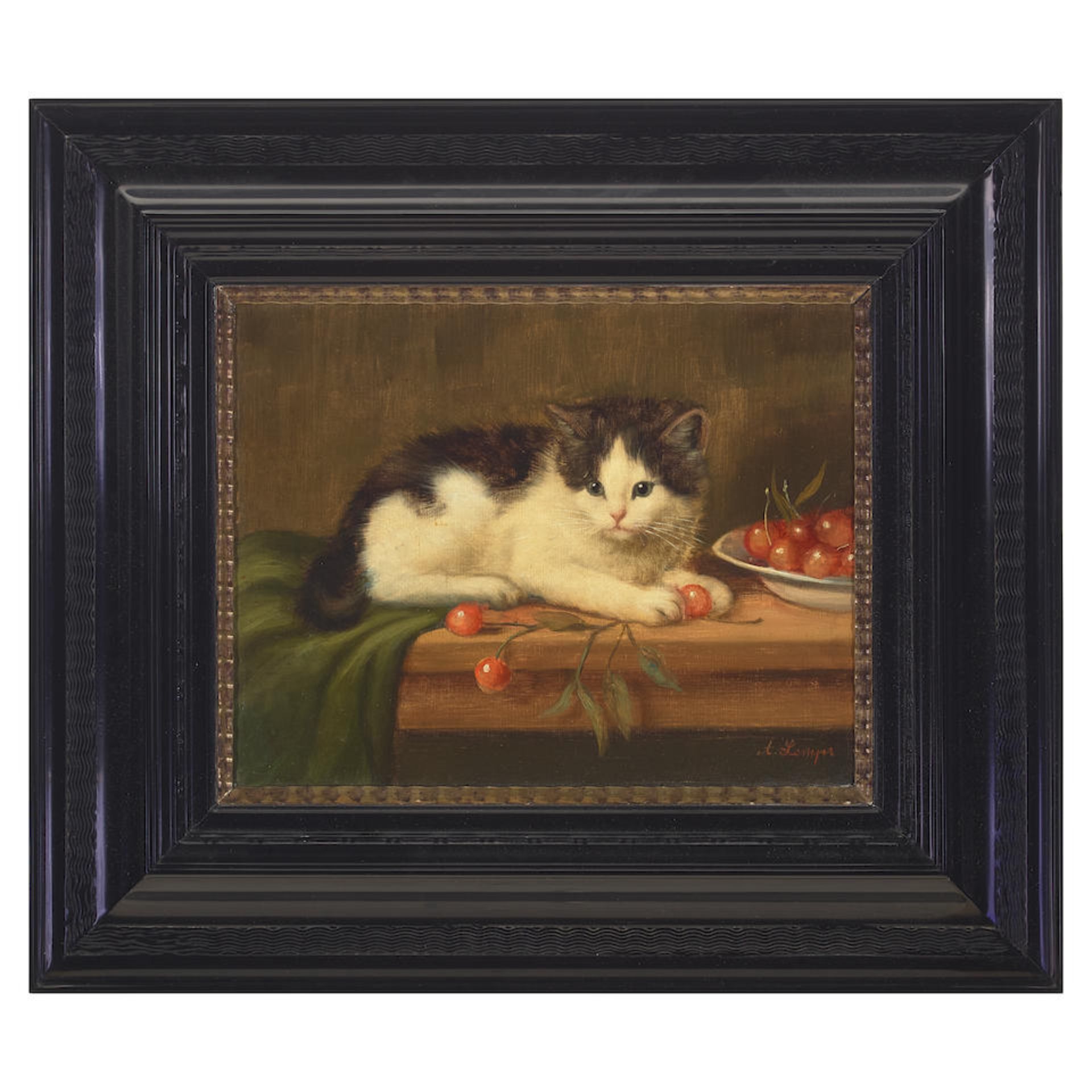 Amanda Lampe (1872-1945) A black and white kitten with a bowl of cherries 11 x 14in (28 x 35.6cm) - Bild 2 aus 2