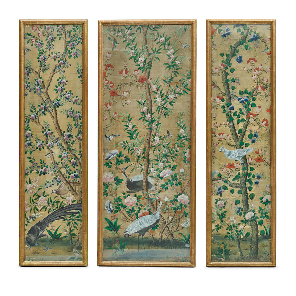A SET OF THREE FRAMED PAINTINGS ON SILKLate 18th century