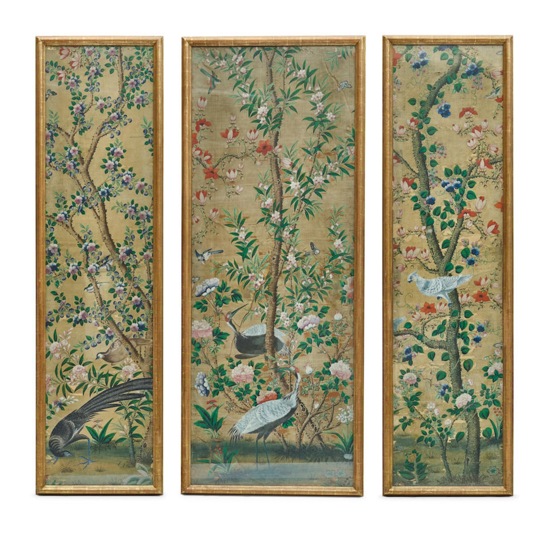 A SET OF THREE FRAMED PAINTINGS ON SILKLate 18th century