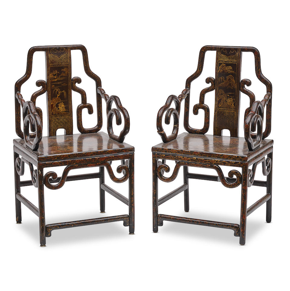 A PAIR OF CHINESE LACQUERED ARMCHAIRS