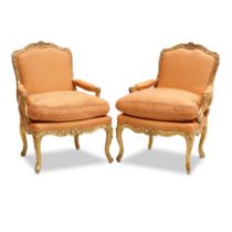 A PAIR OF LOUIS XV GILTWOOD FAUTEUILS À LA REINEMid-18th century