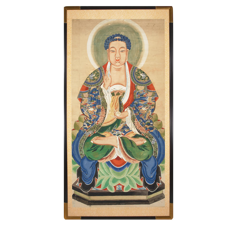 A CHINESE PIGMENT ON PAPER PORTRAIT OF BUDDHA20th century - Image 2 of 2