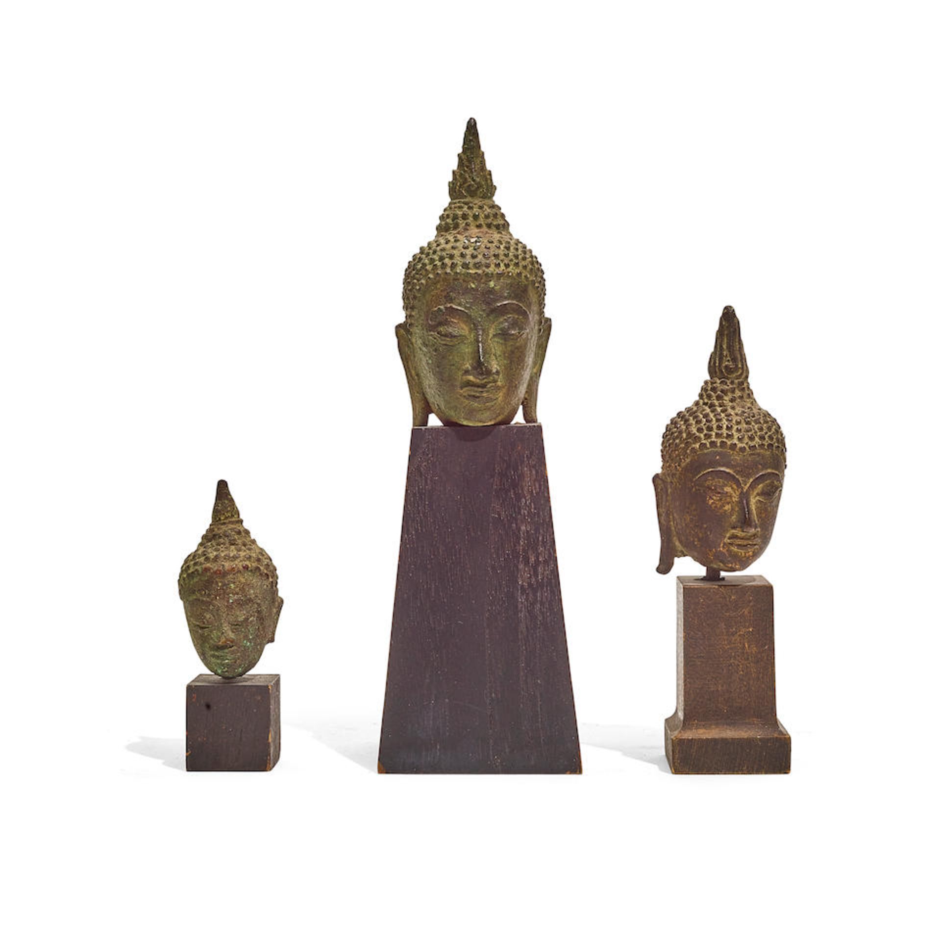 THREE THAI BRONZE BUDDHA HEADSAyutthaya period, 18th century