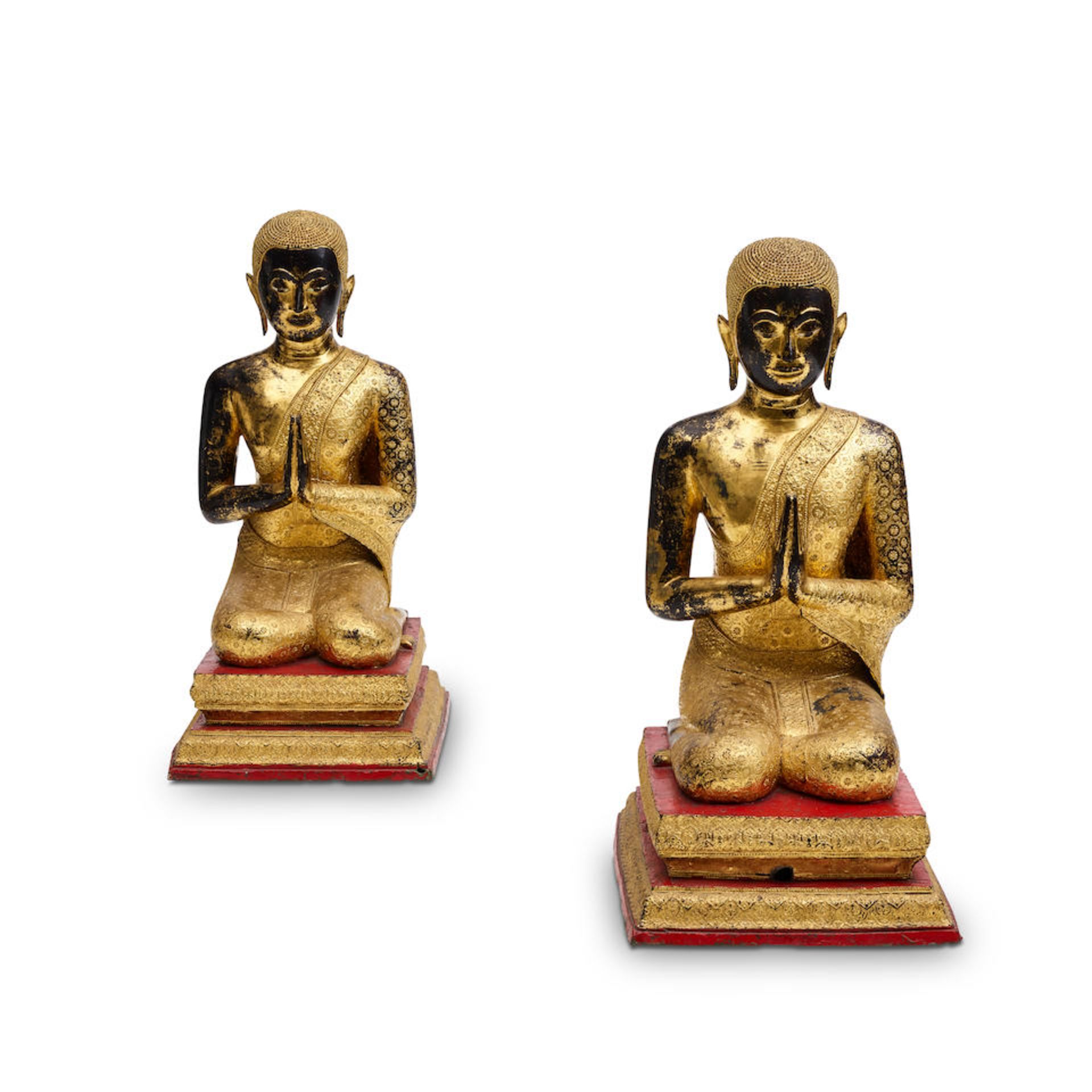 A PAIR OF RATTANAKOSIN STYLE GILT AND BRONZED FIGURES OF KNEELING MONKSThailand, 19th century