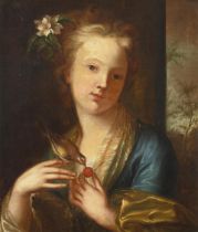 Circle of Jacopo Amigoni (Venice 1682-1752 Madrid) A girl feeding a cherry to her pet bird 19 1/...
