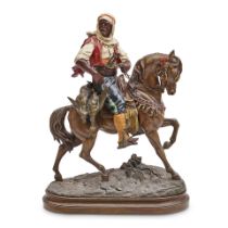 A FRENCH PATINATED AND COLD PAINTED BRONZE FIGURE OF CAVALIER ON HORSEBACKAlfred Barye (French, ...
