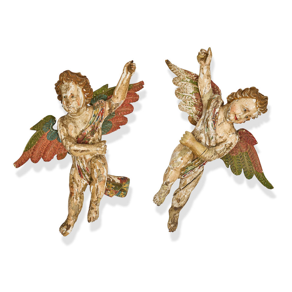 A PORTUGUESE CARVED GILT POLYCHROME FIGURE OF A NOBLEWOMAN AND A PAIR OF ITALIAN ANGELS16th-18th... - Image 2 of 2