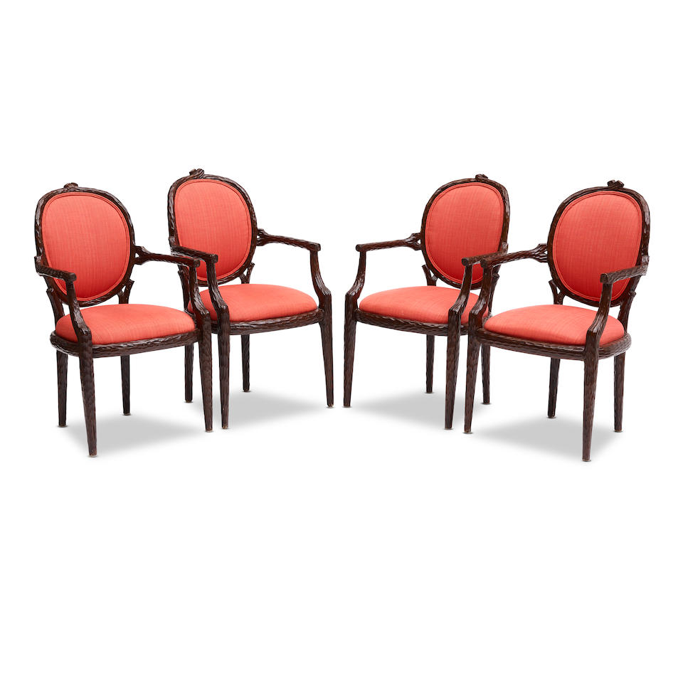 A SET OF FOUR ERIKA BRUNSON DESIGNED GEORGIAN STYLE MAHOGANY ARMCHAIRS