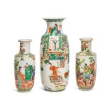 A PAIR OF CHINESE FAMILLE VERTE PORCELAIN ROULEAUX VASES AND A SIMILAR VASE19th century