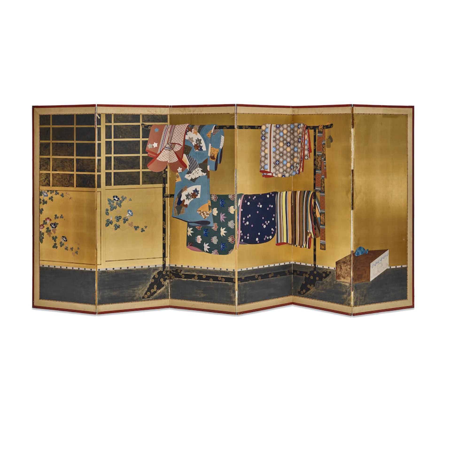 A JAPANESE PAPER ON PIGMENT SIX-PANEL SCREENLate 19th/early 20th century