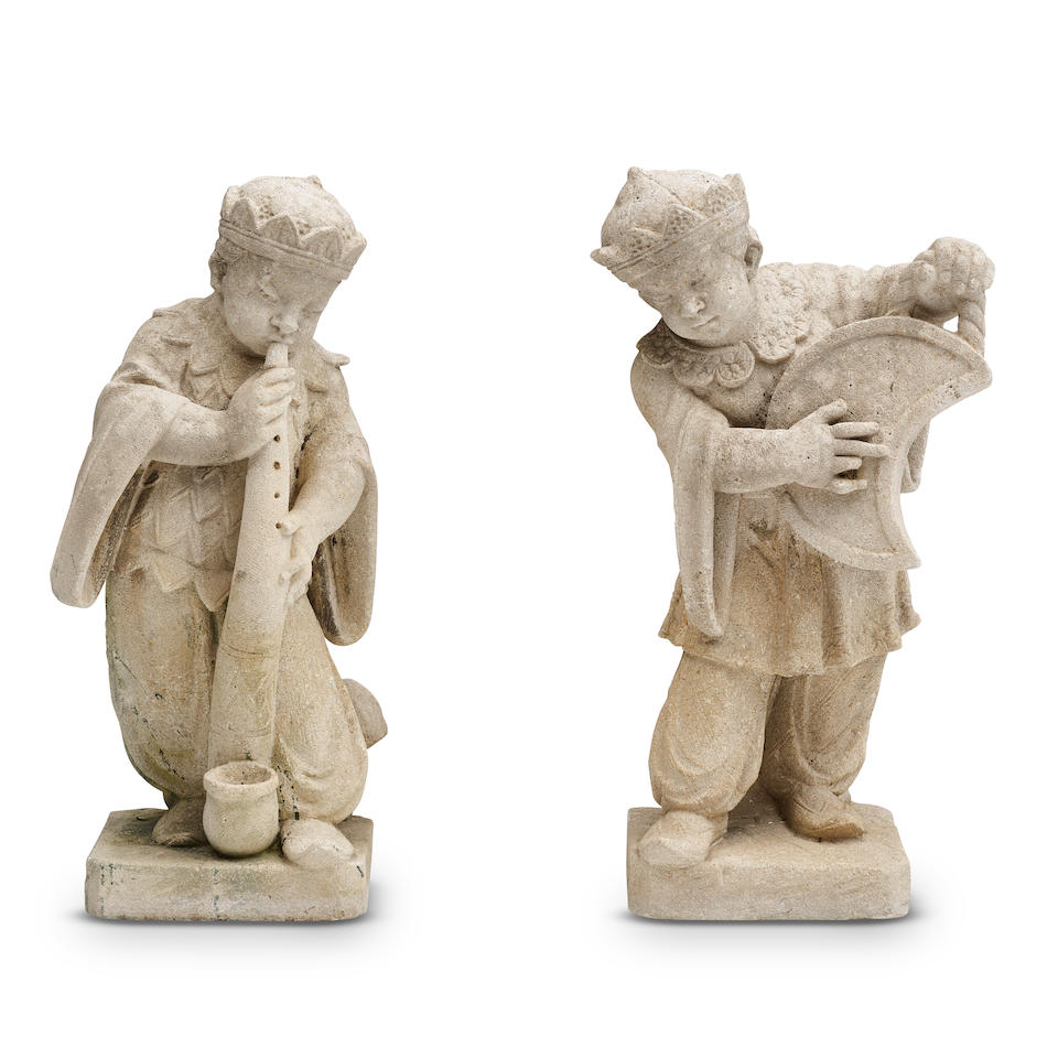 A PAIR OF VICENZA STONE FIGURES OF CHINESE MUSICIANS
