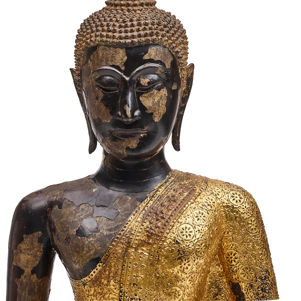 A RATTANAKOSIN STYLE GILT, PAINTED, AND BRONZED FIGURE OF A SEATED BODHISATTVAThailand, 19th/20t... - Image 2 of 2