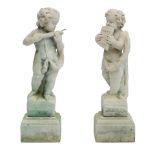 A PAIR OF CAST STONE GARDEN FIGURES OF PUTTI PLAYING INSTRUMENTS20th century