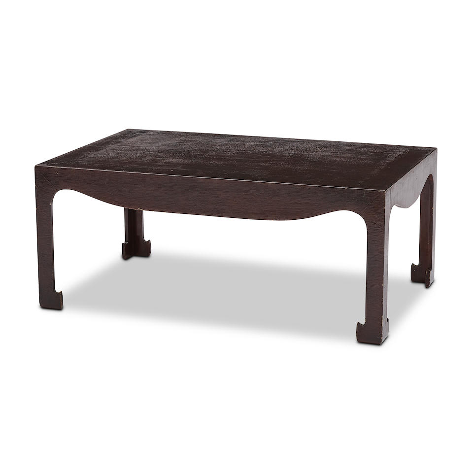 A DARK BROWN LACQUERED BURLAP PARSONS STYLE COFFEE TABLE FROM THE ESTATE OF JACQUELINE KENNEDY O...