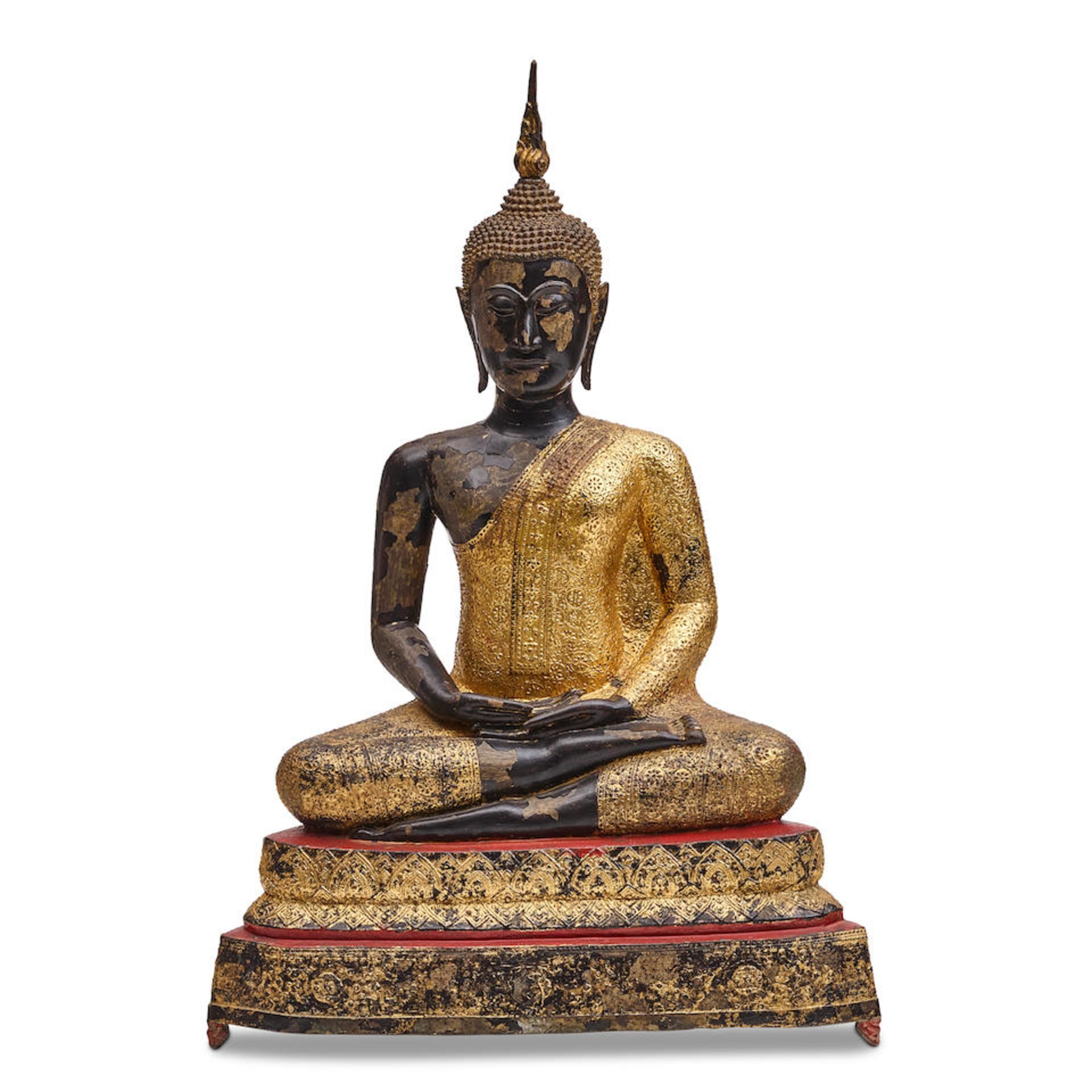 A RATTANAKOSIN STYLE GILT, PAINTED, AND BRONZED FIGURE OF A SEATED BODHISATTVAThailand, 19th/20t...