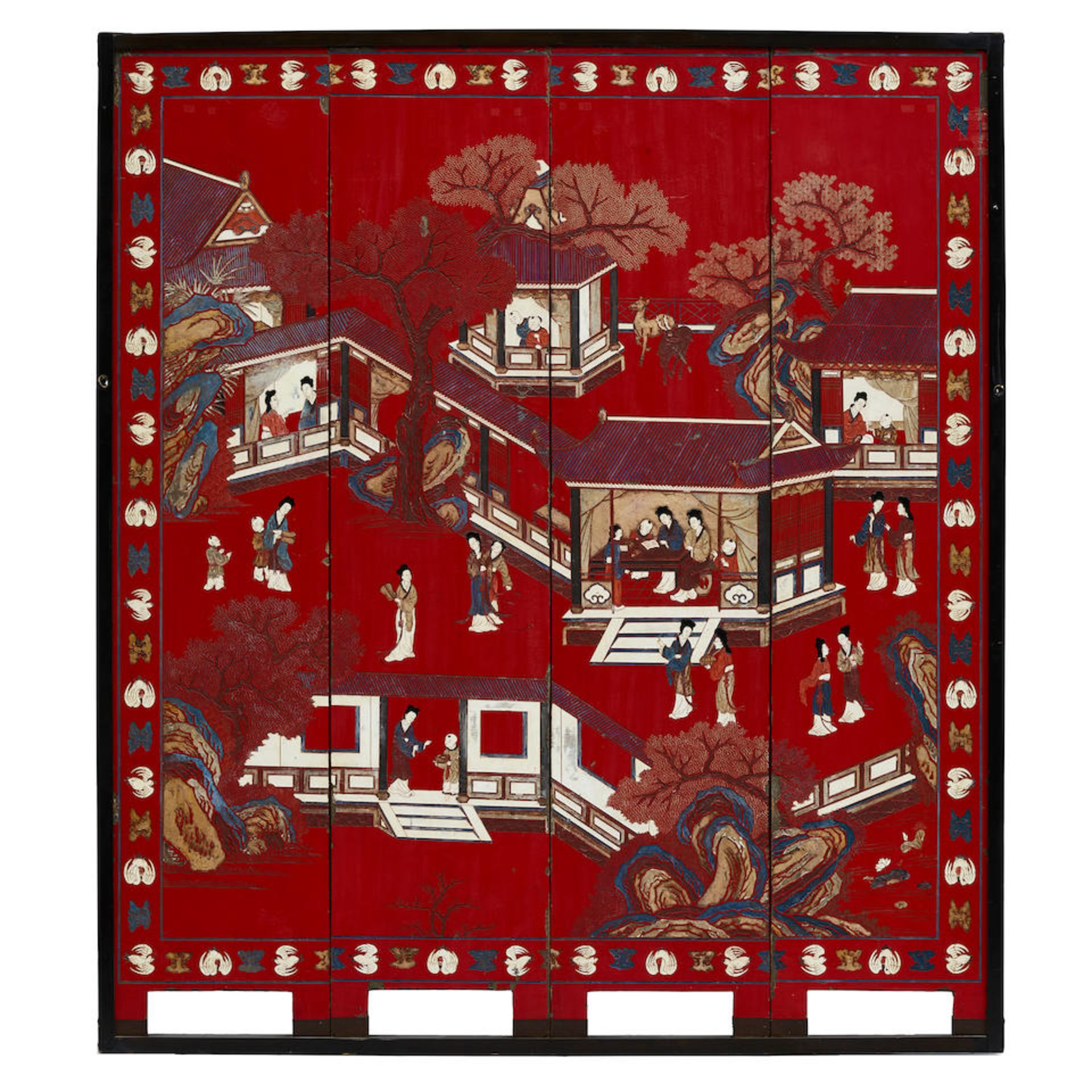 A JAPANESE FRAMED LACQUERED FOUR-PANEL SCREEN