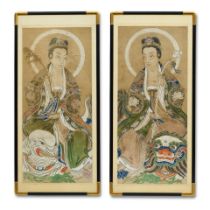 A PAIR OF CHINESE INK AND COLOR ON SILK PAINTINGS OF BODHISATTVASLate Qing dynasty, early 20th c...