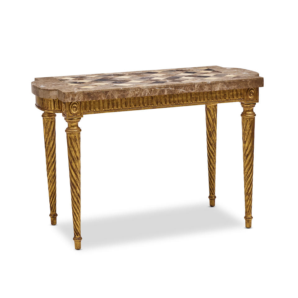 A NEOCLASSICAL STYLE STONE AND VENEERED MARBLE TOP GILTWOOD CONSOLEContemporary