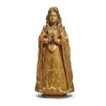 A PORTUGUESE CARVED GILT POLYCHROME FIGURE OF A NOBLEWOMAN AND A PAIR OF ITALIAN ANGELS16th-18th...
