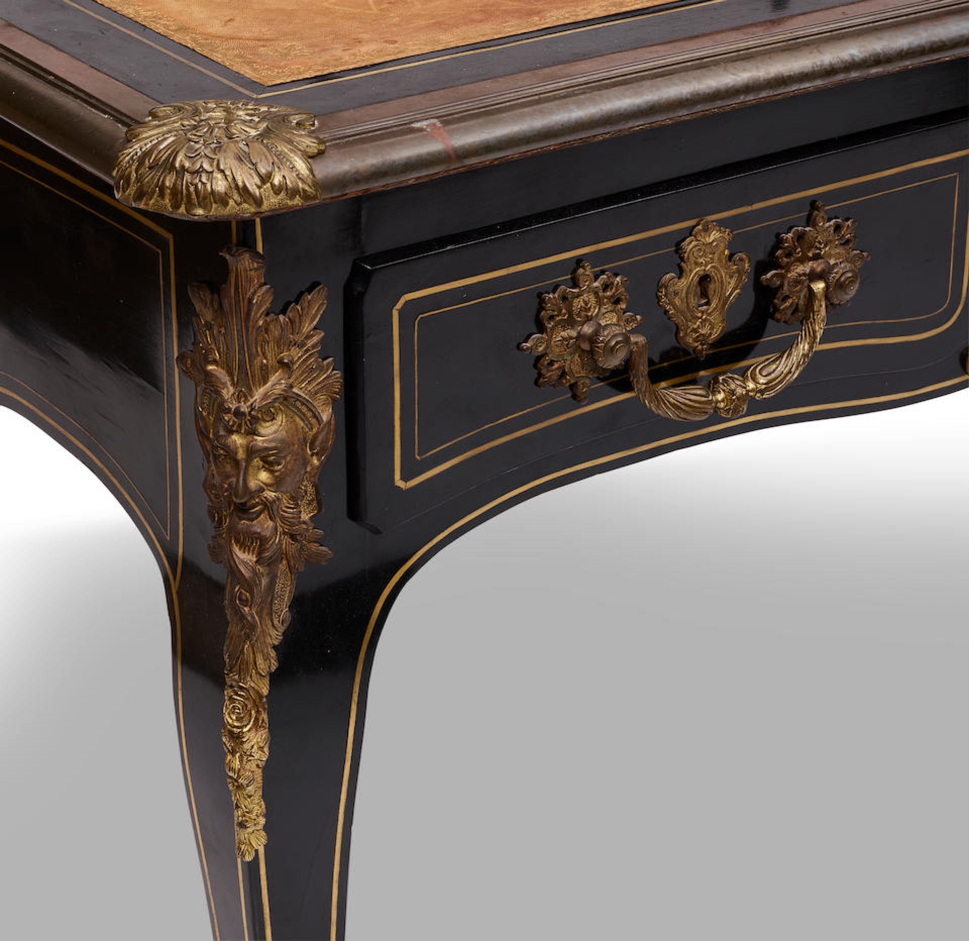 A LOUIS XV LEATHER INSET BRASS AND GILT BRONZE MOUNTED EBONIZED BUREAU PLAT19th century - Image 2 of 2