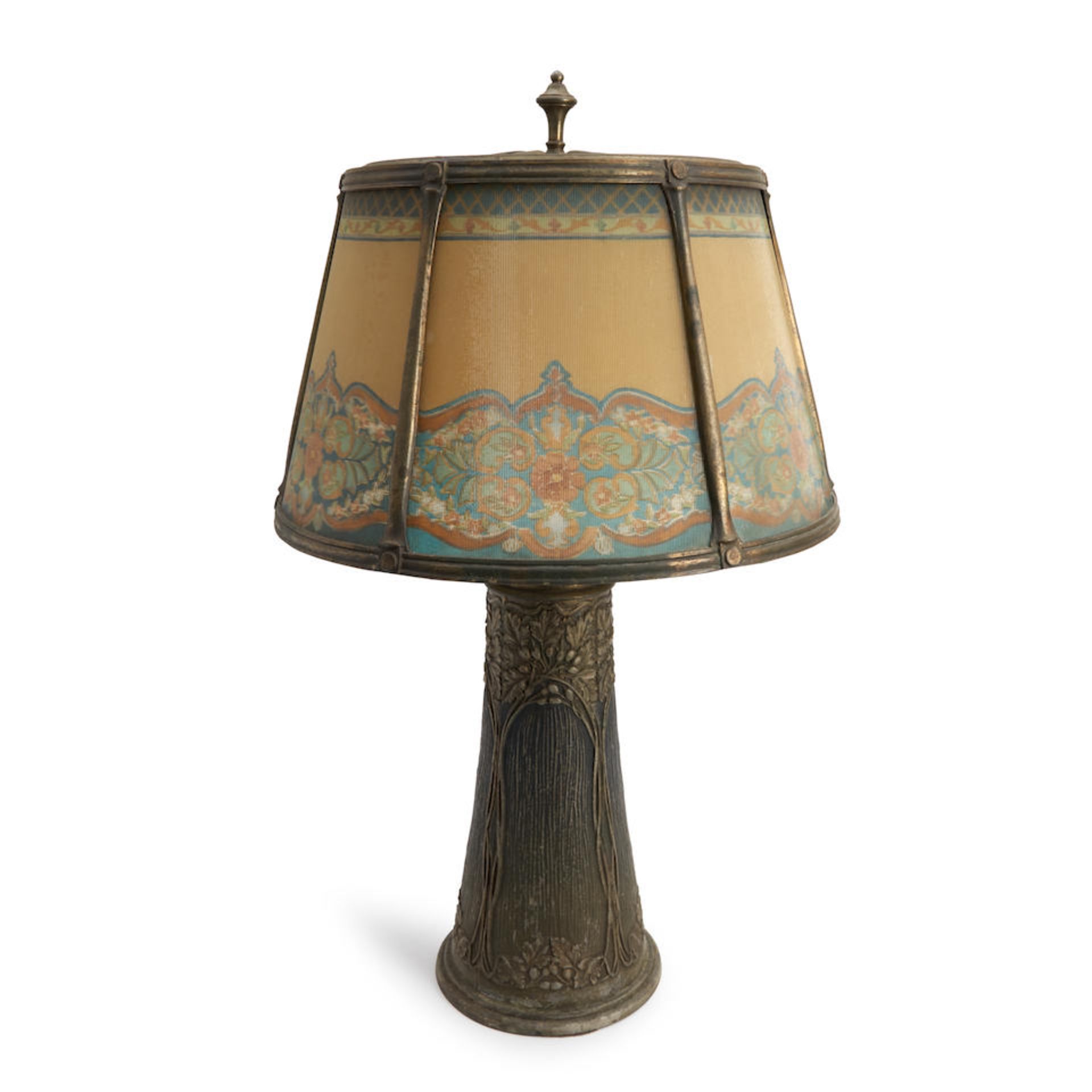 ART NOUVEAU REVERSE PAINTED TABLE LAMP, probably United States, c. 1910, patinated metal base, m...