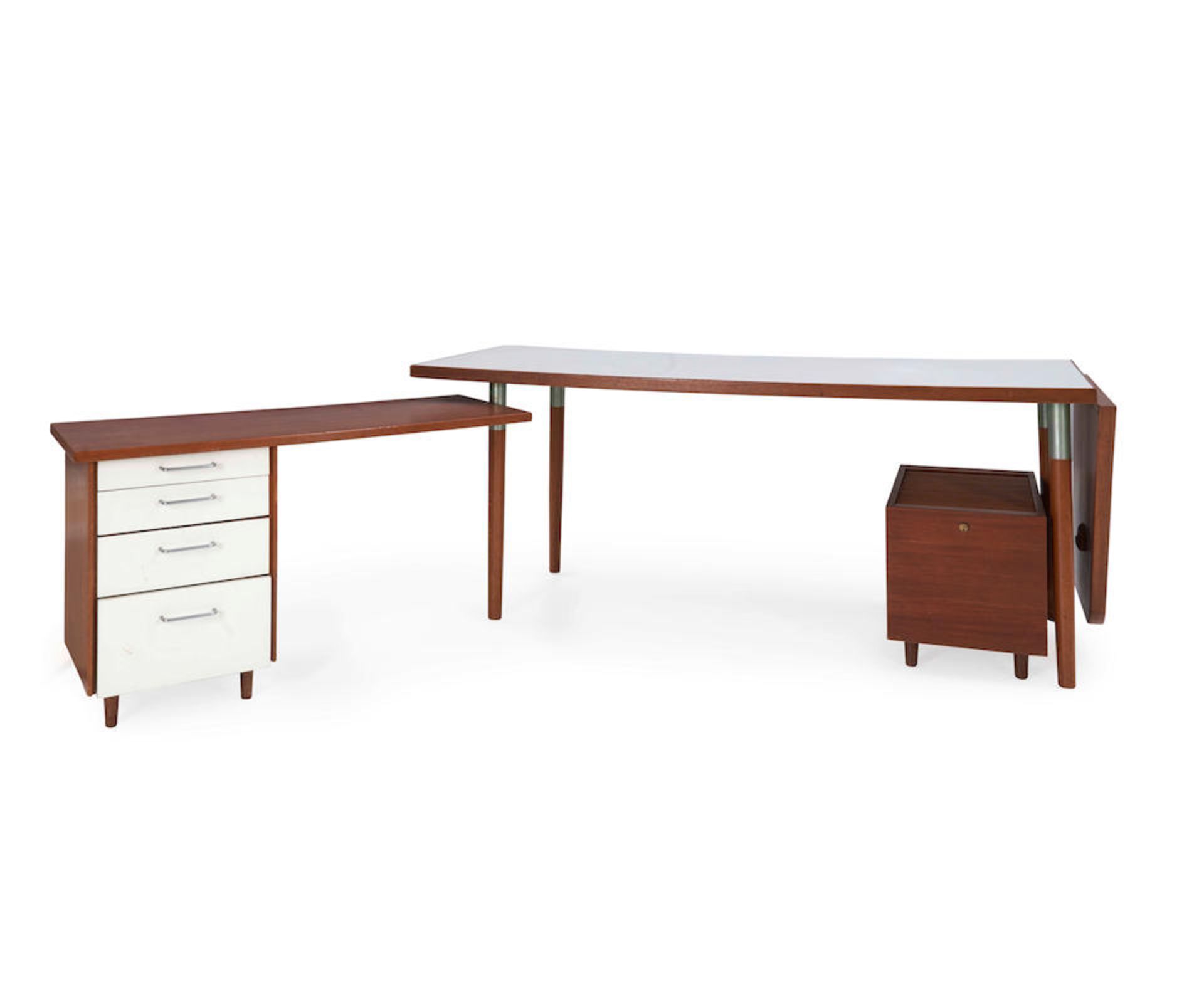 BEN THOMPSON MID-CENTURY MODERN DESK, United States, c. 1957, teak, teak veneer, laminate, steel...