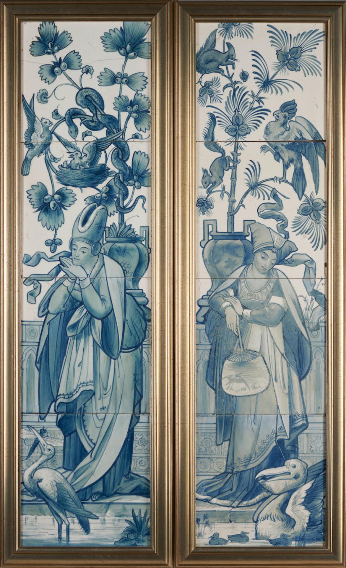 PAIR OF HAND-PAINTED TILE PANELS DEPICTING FIGURES IN AN EXOTIC GARDEN, probably England, c. 190...