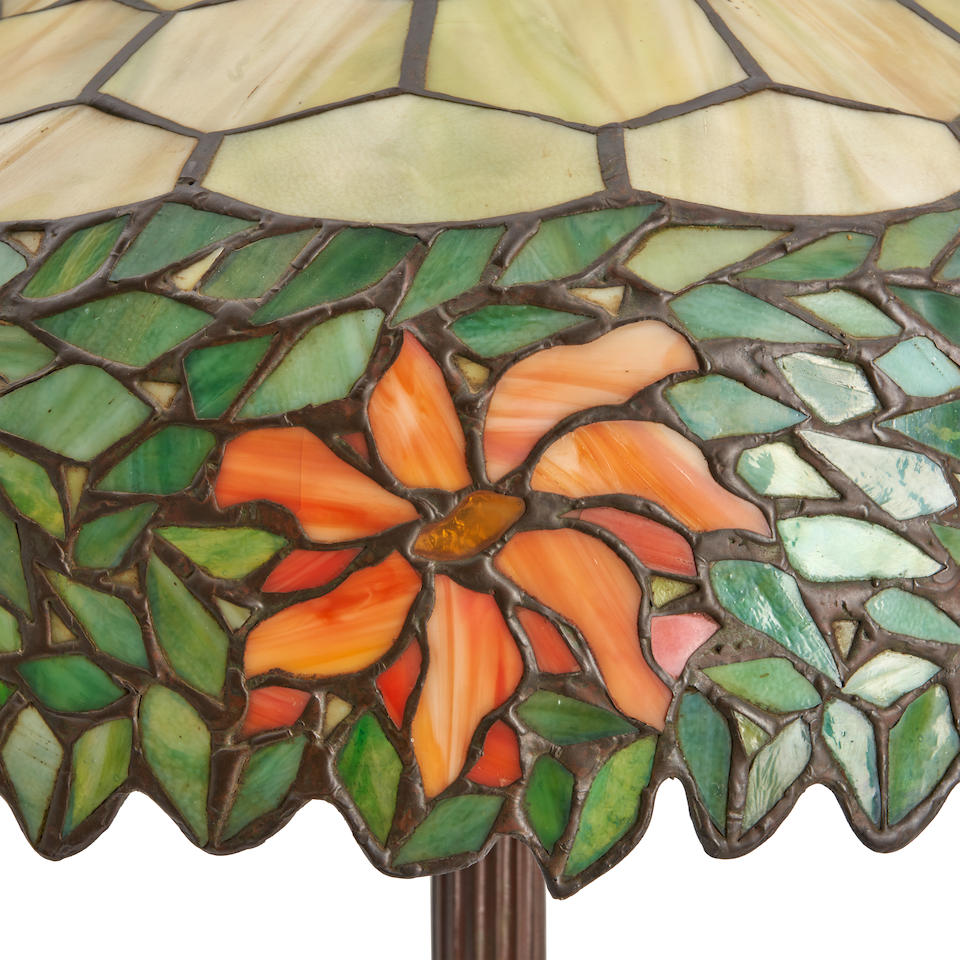 HANDEL BRONZE TABLE LAMP WITH MOSAIC GLASS SHADE, Meriden, Connecticut, c. 1920, base with griff... - Image 2 of 4