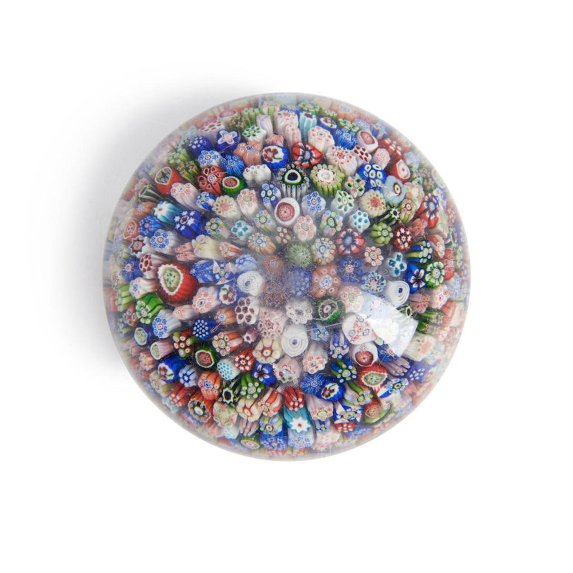 BACCARAT CLOSE-PACKED MILLEFIORI GLASS PAPERWEIGHT, France, dated 1847, ht. 2 1/4, dia. 3 in.