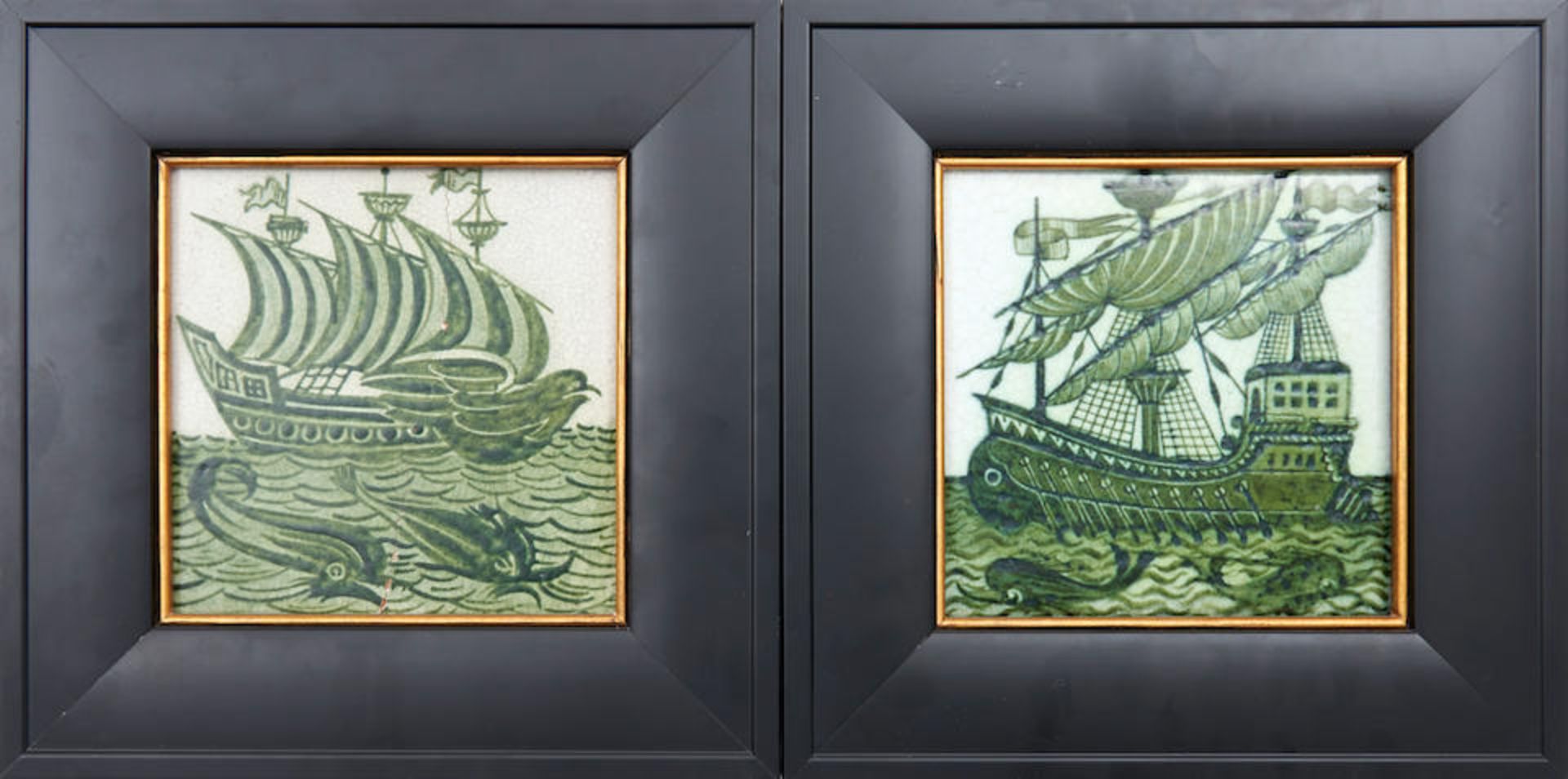 TWO WILLIAM DE MORGAN 'GALLEON' GREEN GLAZED TILES, England, late 19th century, both with impres...