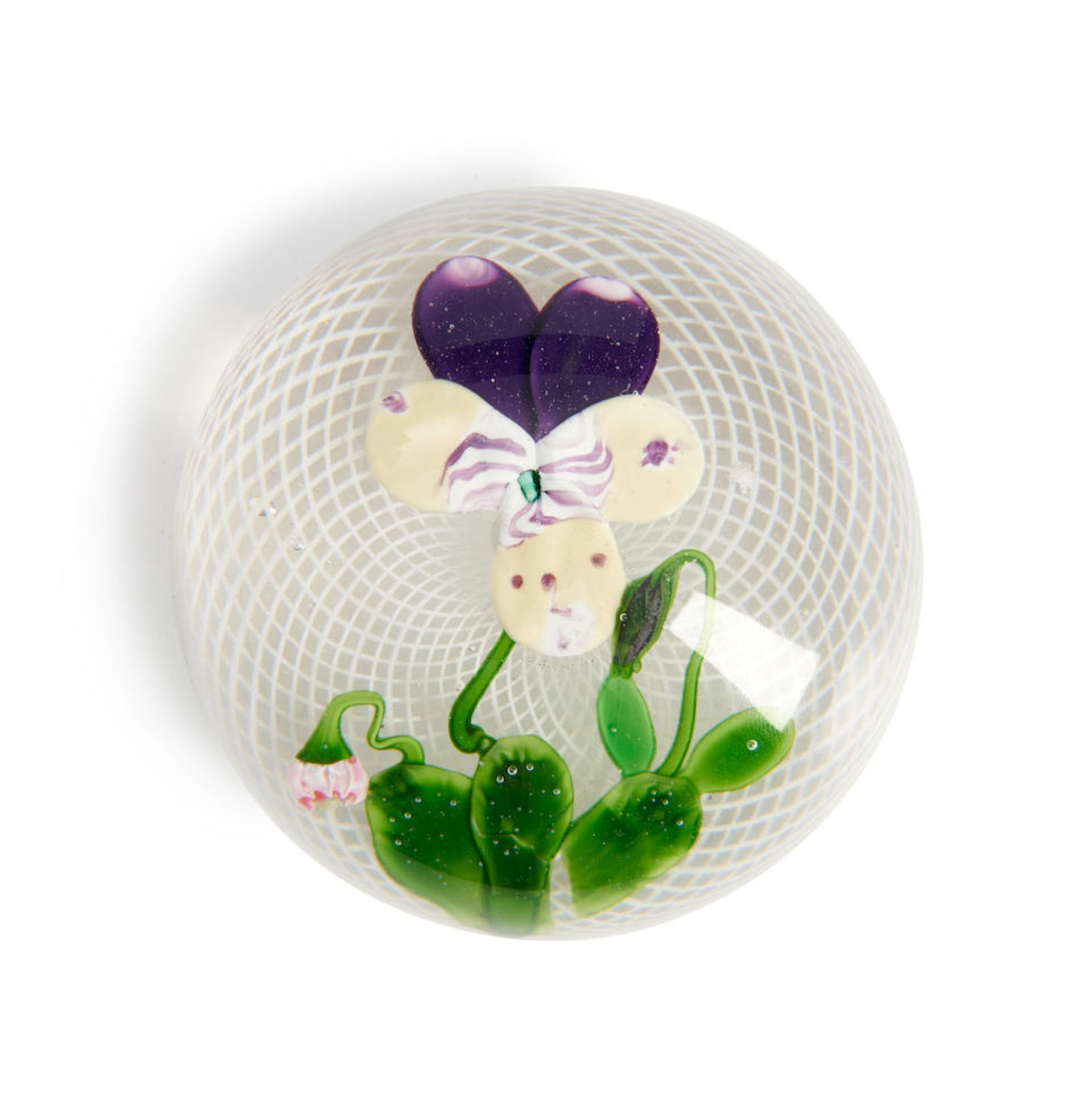 CLICHY BICOLOR PANSY GLASS PAPERWEIGHT, France, ht. 2, dia, 2 3/4 in.