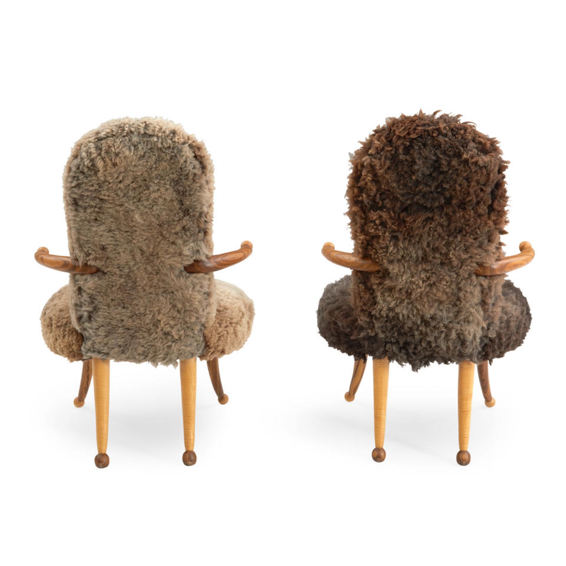 PAIR OF TOMMY SIMPSON (B.1939) ARMCHAIRS, United States, c. 2000, mixed hardwoods, sheep skin, u... - Image 2 of 3