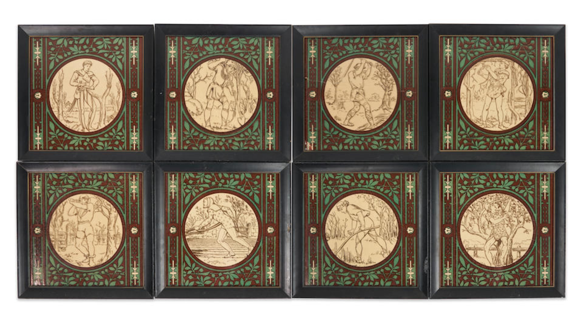 EIGHT MINTON CHINA WORKS 'FARMING PURSUITS' TILES, Stoke-on-Trent, England, c. 1900, molded make...