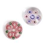 TWO PATTERNED MILLEFIORI GLASS PAPERWEIGHTS, France, ht. 2 to 2 1/4 in.