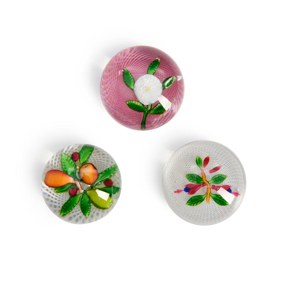 THREE FLOWERS AND FRUITS ON LATTICE GROUNDS GLASS PAPERWEIGHTS, France, fushia, ht. 1 3/4, fruit...